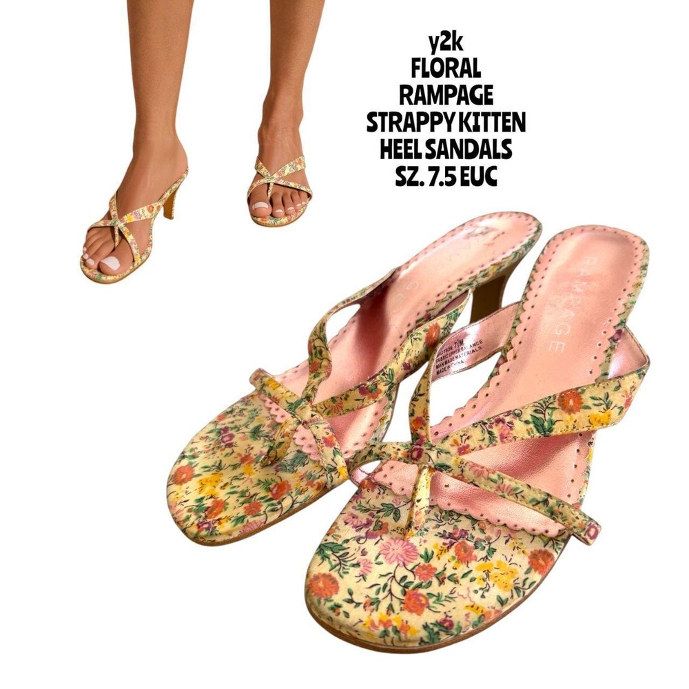Vintage Y2K Rampage Floral Strappy Kitten Heel Sandal Mules 7.5